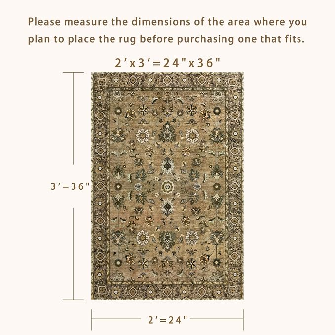 Tangsoo Brown 2x3 Washable Rugs for Entryway, Non Slip Small Area Rug | Farmhouse Accent Rug, Vintage Brown Indoor Door Rug Mat, Oriental Soft Low Pile Throw Rugs for Entrance Entry Kitchen Bedroom