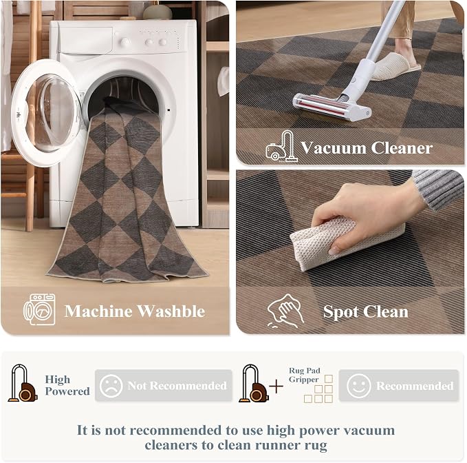Beeiva Checkered Print Hallway Runner Rug 2x6, Moroccan Kitchen Runner Rugs Non Skid Washable 6ft Ultra Thin Stain Resistant Entryway Decor, Diamond Gingham Alfombra for Bathroom Laundry (Brown/Black)