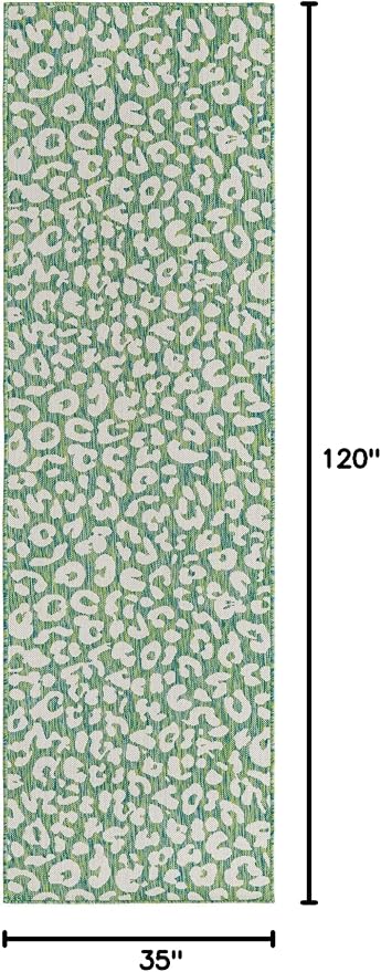 Unique Loom Outdoor Safari Collection Area Rug - Leopard (2' 11" x 10' Runner, Green Blue/ Ivory)