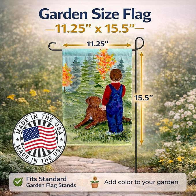 Caroline's Treasures SS8547GF Little boy with his Chesapeake Bay Retriever Garden Flag Mailbox Flag Decorative Yard Flag Banner Outside Patio Artwork Yard Flower Beds, Garden Size, Multicolor