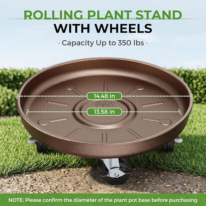 Plant Saucer 14" Rolling Plant Caddy Rolling Plant Stand with Wheels – Heavy Duty Metal, Locking, Sturdy, Rust-Resistant Finish, and Easy to Move, 390 lb Capacity