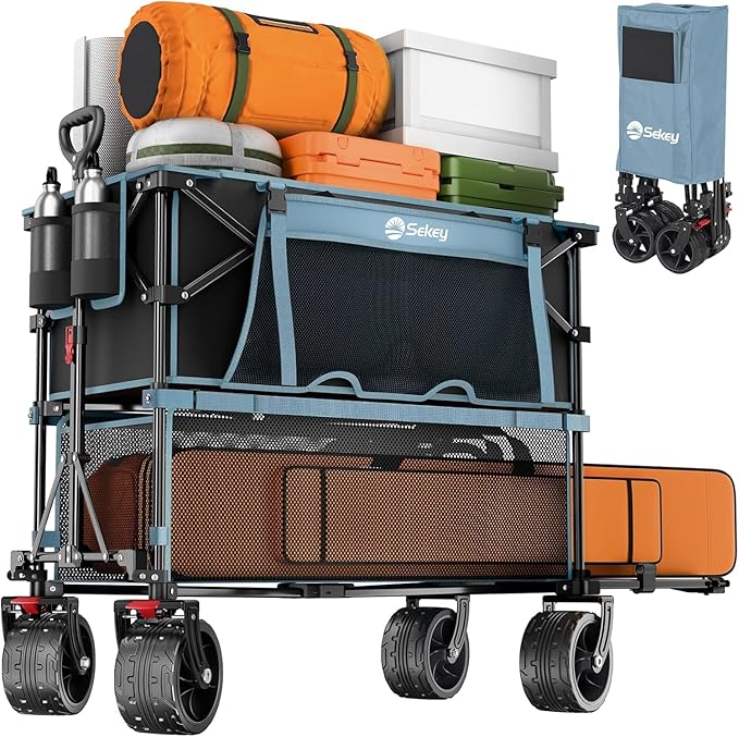 Sekey 500LBS Heavy Duty Double Decker Wagon with Extender, 400L Large Capacity Collapsible Garden Cart Fits 10x10 Canopy, All-Terrain Big Wheels with Brakes, Foldable Utility Wagon for Sports, Camping