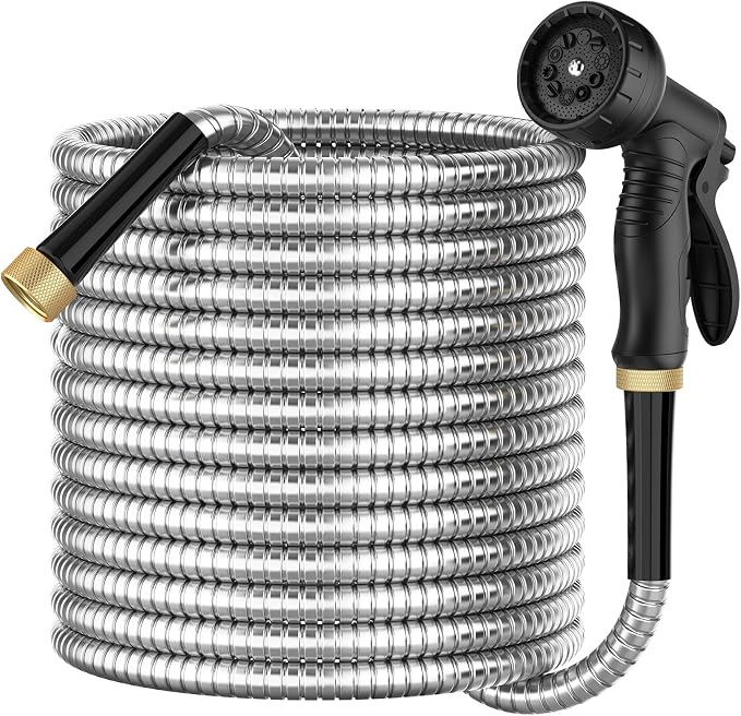 BlueGarden Metal Garden Hose 75 ft with 10 Function Nozzle,No Kinking,Flexible,Heavy Duty & Lightweight Water Pipe,Stainless Steel Outdoor Water Hose for Yard and Lawn,Non-Expandable 75 feet