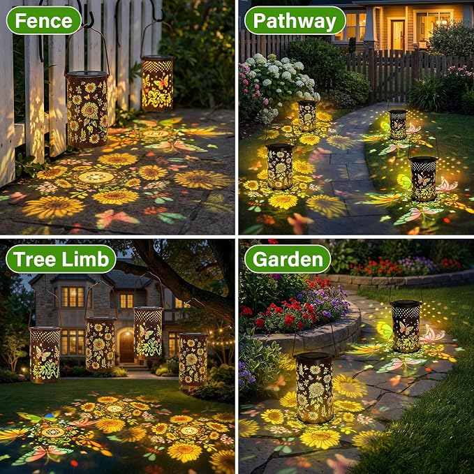 2 Pack Colorful Solar Lanterns Outdoor Waterproof - [Sunflower + Butterfly] - Decorative Outdoor Solar Hanging Lanterns for Porch Courtyard Table Path Garden Decor, Gifts for Mom Wife Grandma Women