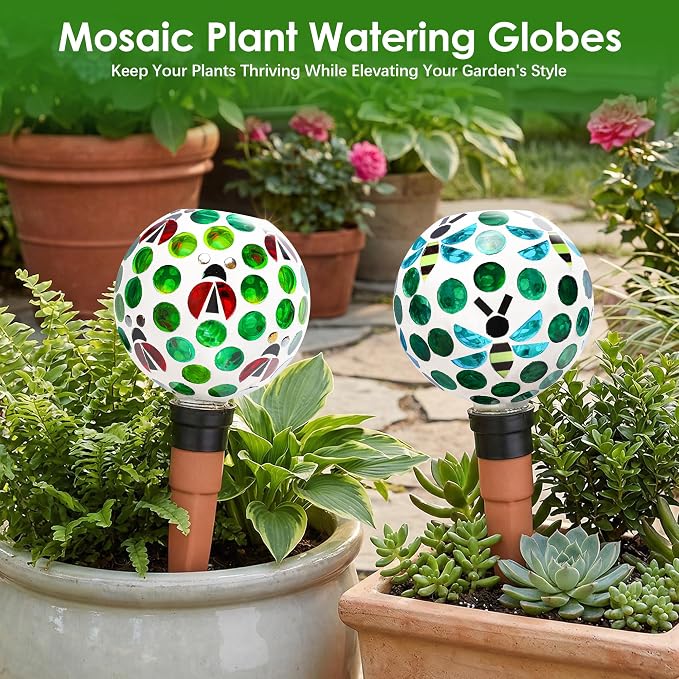 Terracotta Plant Watering Globes Mosaic Self Watering Spikes 2 Pack for Indoor Outdoor Plants Automatic Plant Waterer Plant Watering Devices for Garden Home Decor, Green