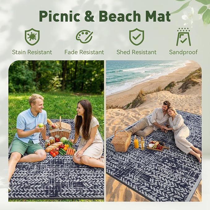 MontVoo Outdoor Rug Waterproof-Patio Rug Mat 6x9 Outdoor RV Camping Picnic Beach Mat Plastic Straw Rugs Outside Outdoor Area Rugs for Balcony Deck Backyard Navy Blue