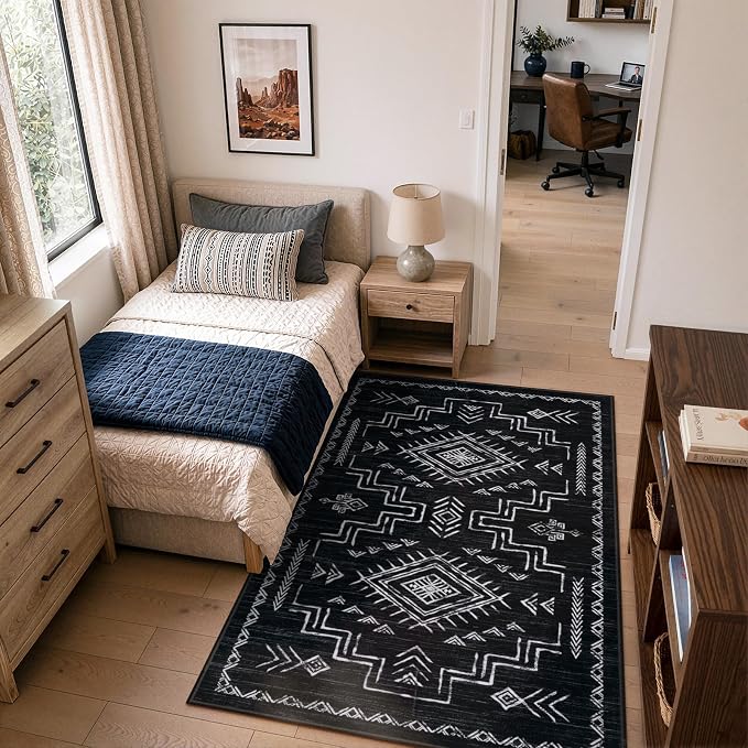 STARUIA Moroccan Washable 5x7 Area Rugs, Black Western and Aztec Tribal Boys Neutral Rug for Living Room, Soft Non-Slip Stain Resistant Large Carpet for Bedroom Dining Table Office