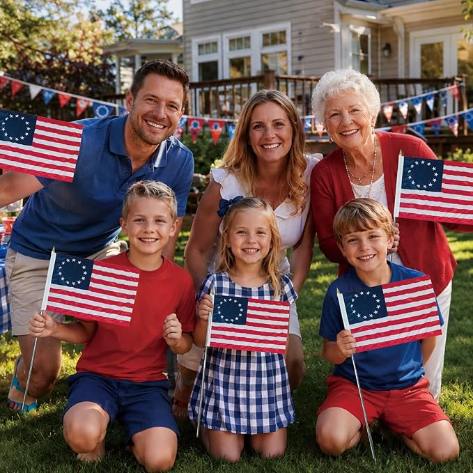 Betsy Ross Flags on Stick 6-Pack, 12x18 Inch 13 Star American Handheld Flag with Stainless Steel Telescopic Pole, Small USA Flags for 250th Anniversary July 4th Parade Patriotic Decorations