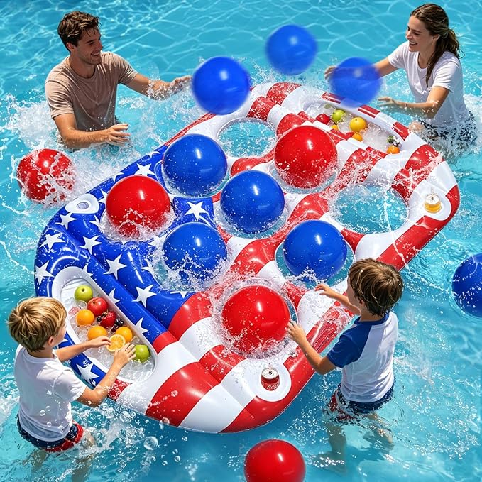 Pool Toys Games Set, Tic-Tac-Toe Inflatable Pool Toy with 10 Balls, American Flag Floating Board Swimming Pool for Adults Teens Kids Summer Water Ball Toys