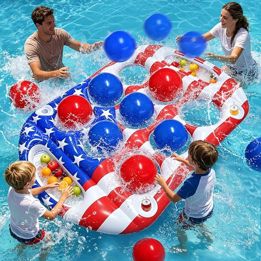 Pool Toys Games Set, Tic-Tac-Toe Inflatable Pool Toy with 10 Balls, American Flag Floating Board Swimming Pool for Adults Teens Kids Summer Water Ball Toys