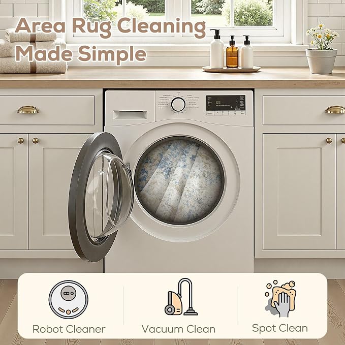 Nakagishi 6X6 Abstract Washable Area Rugs for Living Room-Blue Brown | Modern Non-Slip Silicone Backing Low Pile Soft Carpet for Bedroom Dining Decor Ideal for Families with Kids and Pets