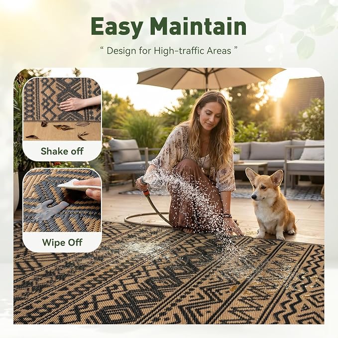 MontVoo Outdoor Rug Carpet Waterproof 9x12 Outdoor Patio Rug Mat Reverisble Plastic Straw Outdoor Rug for RV Camping Picnic Beach Balcony Boho Black Brown Large