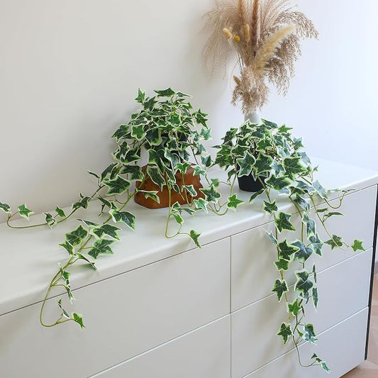 Fake English Ivy Plants in Pots Set of 2 – Realistic Artificial Ivy Greenery for Home Decor, Tabletop, Office, Shelf, Balcony, Lifelike Faux Hanging Vines, No Maintenance Required - White and Green