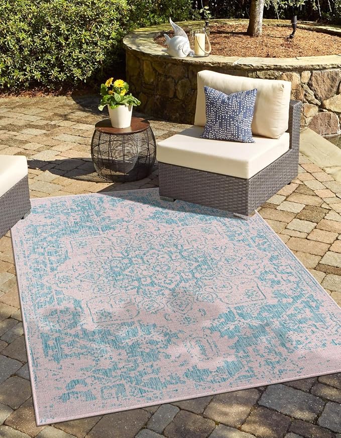 Unique Loom Jill Zarin Jill Zarin Outdoor Collection Area Rug - Dubai (7' 1" x 10' Rectangle, Pink and Aqua/Light Blue)