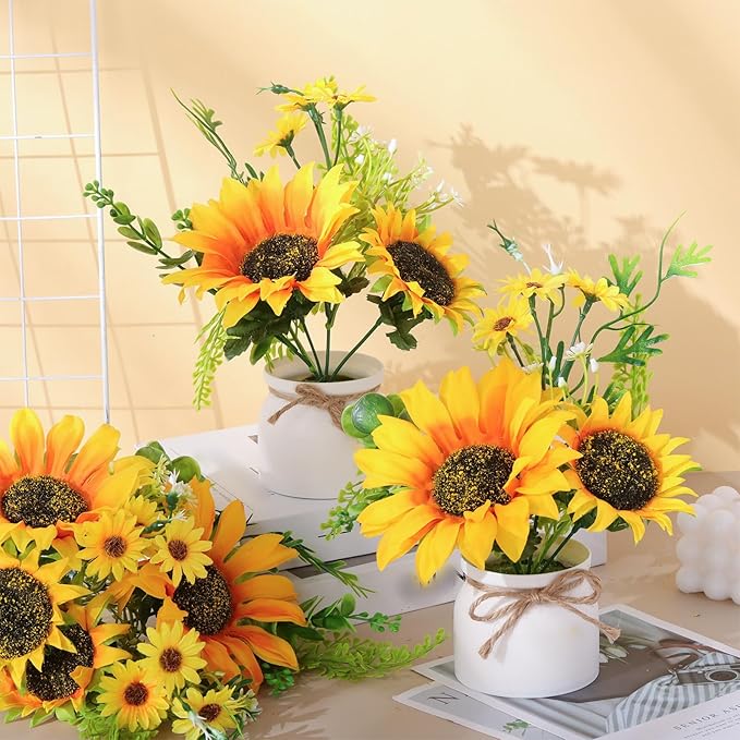 Zeyune 12 Pcs Sunflower Potted Plants Rustic Summer Spring Kitchen Wedding Table Centerpieces Silk Yellow Fake Flower with Plastic Pot for Home Bathroom Office (White,Sunflower)