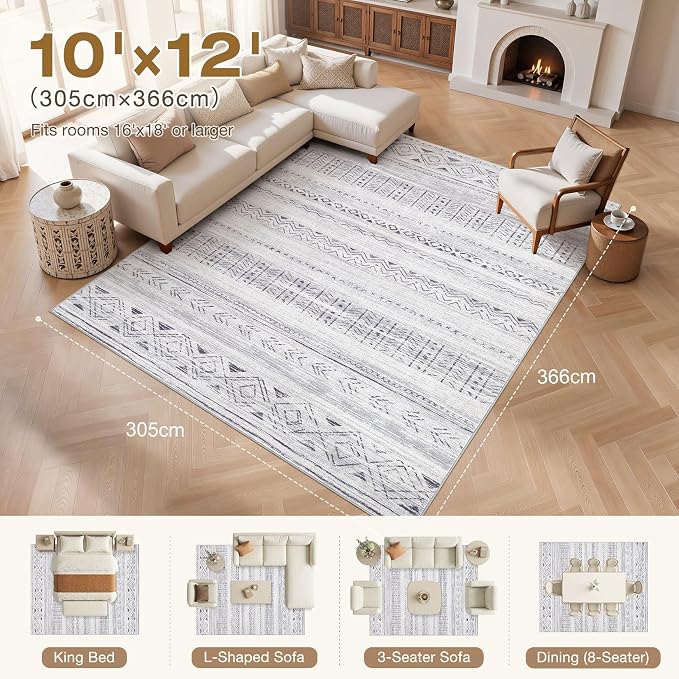 cotiled Boho 10x12 Area Rug for Living Room: Large Moroccan Washable Rug | Solve Modern Neutral Trendy Home Decor - Stain Resistan Carpet for Bedroom Farmhouse Dark Grey