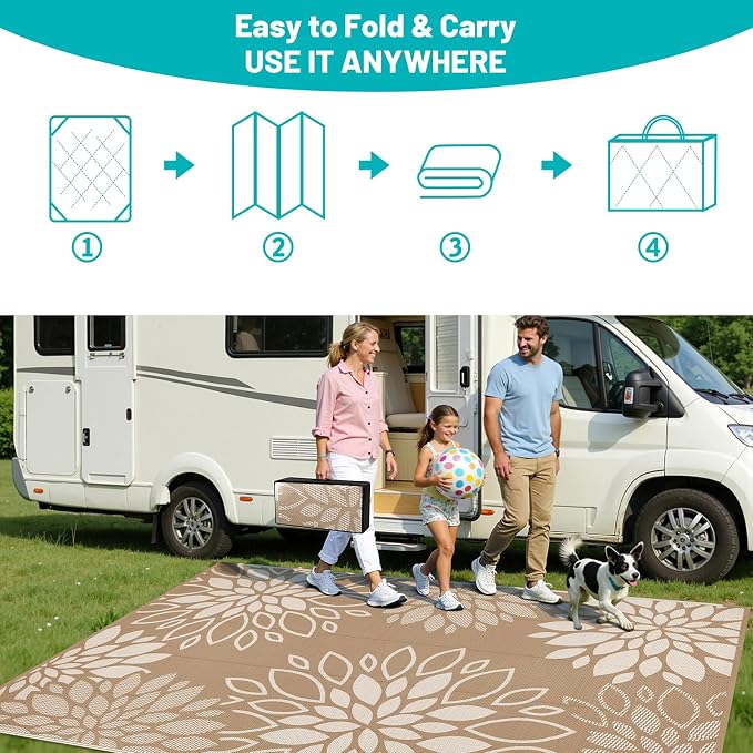 HEBE Waterproof Outdoor Rug 9x12 for Patios, Floral Reversible Plastic Straw Rug Patio Mat, Indoor Outdoor Carpet RV Mat Camping Rug for Deck, Camper, Porch, Balcony, Backyard, Picnic