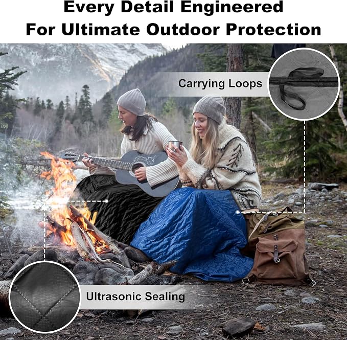 Waterproof Outdoor Blanket 92"x60" Large Quilted Fleece 300GSM Black | Stadium Blankets for Camping, Packable, Windproof Emergency Throw for Grass Picnic Hiking Road Trip, Machine Washable