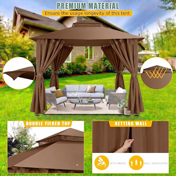 COBIZI 10x10 Gazebo with Double Roof & Mosquito Netting Outdoor Heavy-Duty Party Tent, Patio Tent with Zipper Screens - Backyard Garden Lawn Shelter Includes Wind Ropes Expansion Bolts, Brown