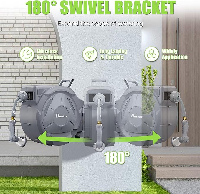 1/2" x 160 ft Retractable Hose Reel, Heavy Duty Retractable Garden Hose Reel Wall Mounted with 10-Pattern Hose Nozzle/Any Length Lock/Slow Return System/180°Swivel Bracket