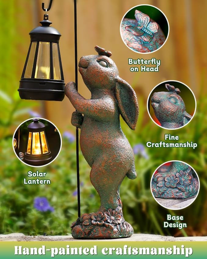 Pohabery Garden Statues Outdoor Bunny with Solar Lantern – Rabbit Yard Decor, Waterproof Resin Figurine Pathway Light for Easter Housewarming Gifts for Lawn & Patio