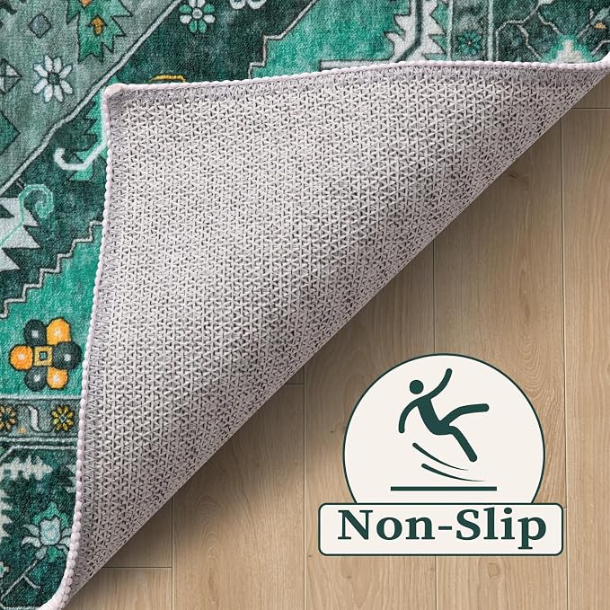 SERISSA 8x10 Washable Non Slip Boho Area Rug for Living Room，Teal | Ultra Soft Vintage Oriental Carpet Low-Pile Distressed Tribal Throw Carpet for Dining Room Bedroom Dorm Office Home Decor
