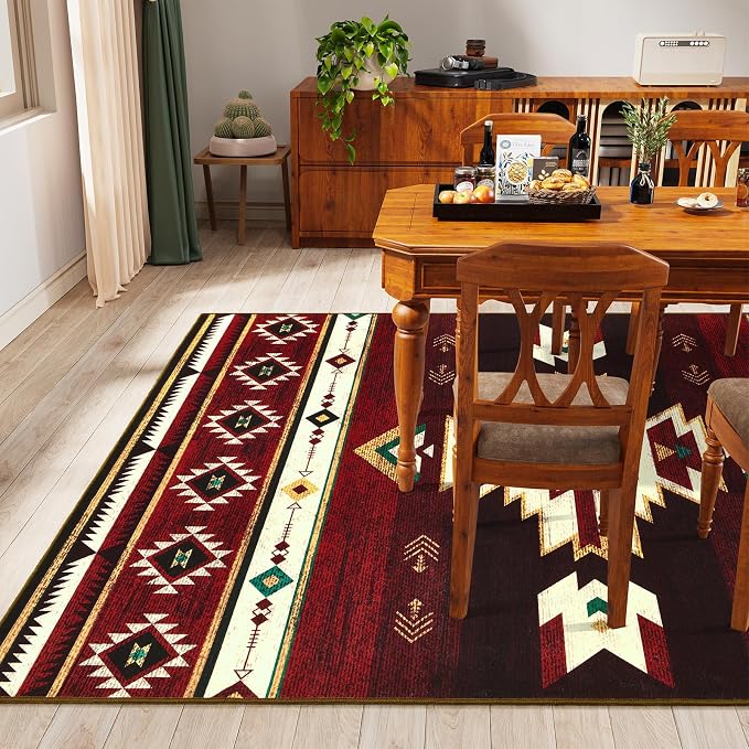 BENRON Western Rugs for Living Room Bedroom 5x7, Non Slip Area Rugs, Red | Southwest aztec Rustic Rugs for Dining Table Kitchen Home Decor, Washable