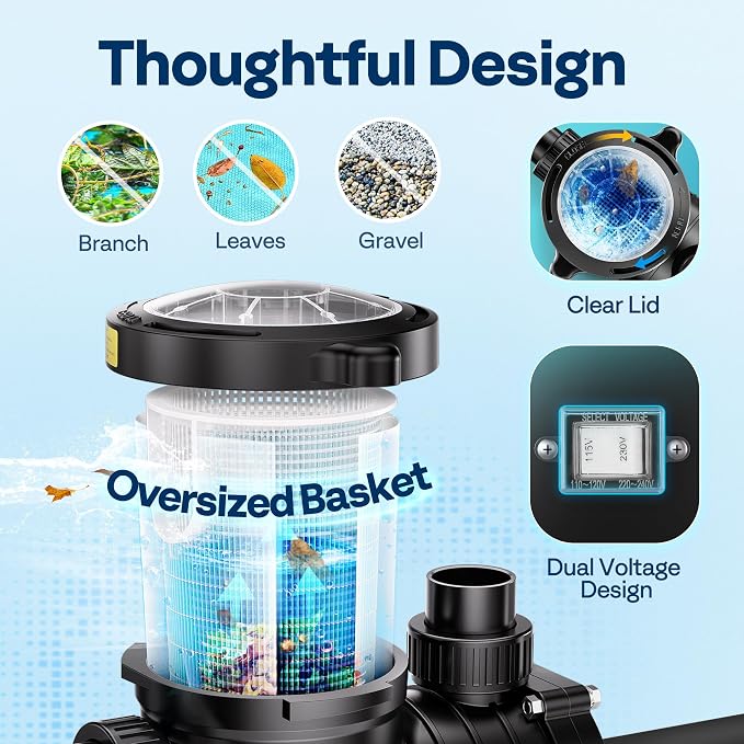 VIVOHOME 2.0HP In/Above Ground Pool Pump, 115V/230V 6800GPH Self-Priming | High Flow Energy Efficient Motor - 1.5", 2", and 1.25"-1.5" Connectors w/Strainer Basket