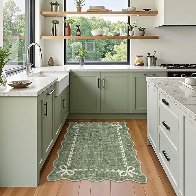 GarveeHome Scalloped Entryway Rug 2x3 Washable Front Door Bow Rug, Green | Non Slip Soft Low Pile Ultra-Thin Stain Resistant Indoor Carpet for Girls Dorm Nursery Bedroom Decor Hallway Kitchen Floor