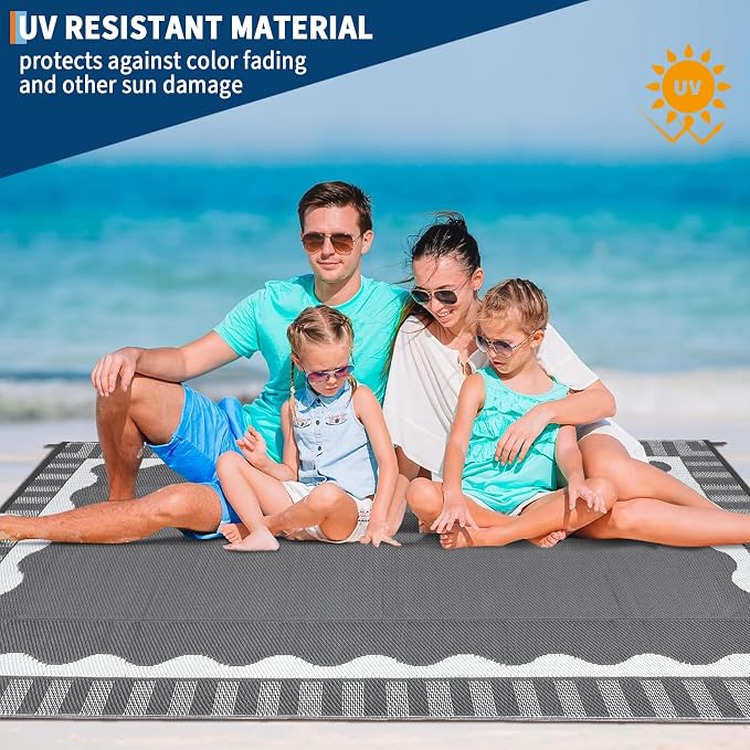 Garvee Large Scalloped Outdoor Rug 9x12 Patio Rugs Outdoor Waterproof, Reversible Plastic Straw Camping Rug, Modern Bordered Outside Mats for Picnic Backyard Deck Balcony Beach Trailer, Grey