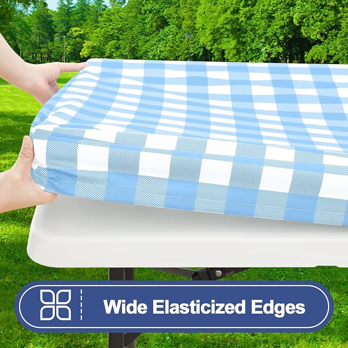 Smiry Picnic Table Cover with Bench Covers, Waterproof Elastic Fitted Tablecloths for 8 Foot Rectangle Tables, Washable Buffalo Plaid Tablecloth for Camping, Outdoor (Light Blue & White, 30"x96")