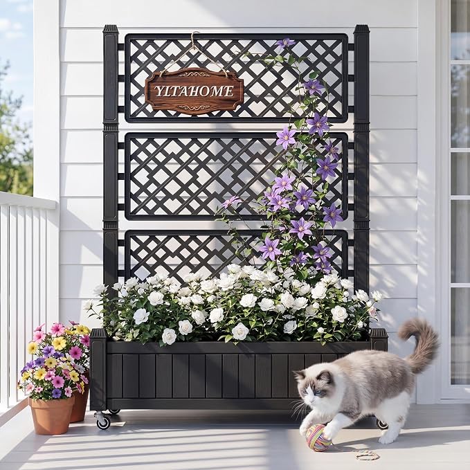 YITAHOME 3.6x1.5x5 FT Planter Box Trellis with Wheels, Large Outdoor Plastic Raised Garden Bed with Drain Plug for Climbing Plants, Black