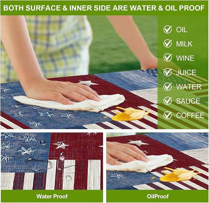 Patriotic Picnic Table Cover with Bench Covers Set of 3 - American Flag Patchwork Pattern, Elastic Fitted Tablecloth for 6 Ft Tables, Washable Polyester Cover for 4th of July, Camping & Outdoor