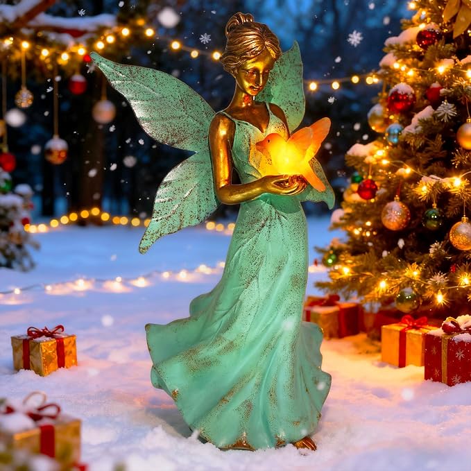 Solar Fairy Garden Statue Decor - 10 Inch Angel Girls Resin Figurine Waterproof Home Decoration with Hummingbird LED Lights for Bedroom Balcony Table Yard Patio, Gifts for Women Mom Birthday