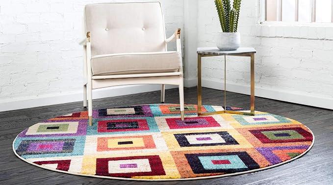 Unique Loom Estrella Collection Colorful, Geometric, Squares Modern, Abstract Area Rug (6' 0 x 6' 0 Round, Multi/Beige)
