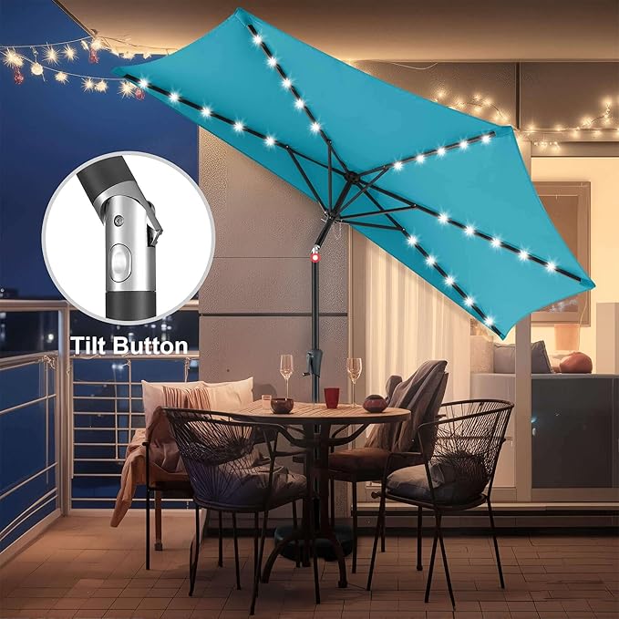 9FT Solar Half Umbrellas Outdoor - LED Half Patio Umbrella with 25 Lights, UV Protection Waterproof, Half Round Umbrella for Wall Balcony, Pool, Porch, Garden, Deck, Backyard, Aqua Blue