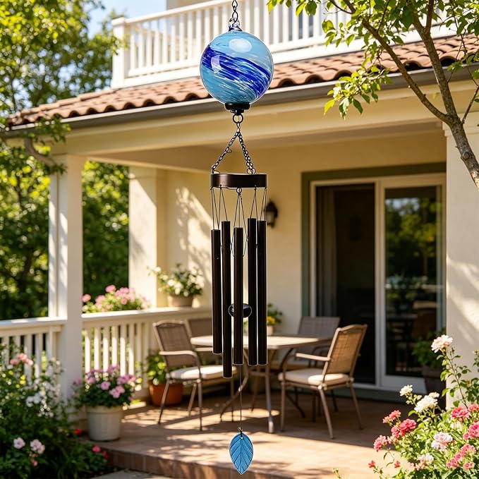 MUMTOP Solar Wind Chime for Outsides, 35" Glass Windchimes with Solar LED Lights Decorative Hanging Wind Bell for Porch Patio and Garden Decor, Blue