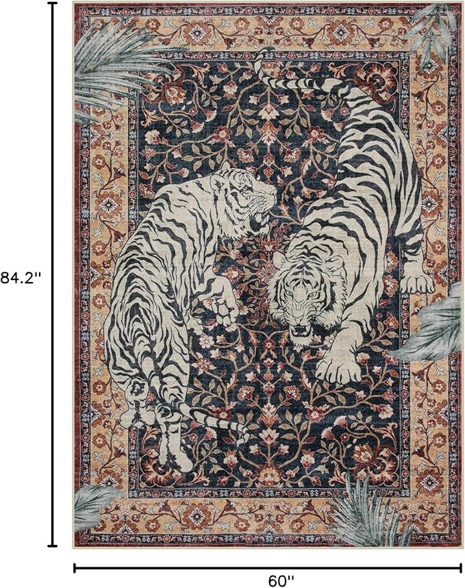 Moynesa Tiger Washable Area Rugs for Living Room, 5x7 Vintage Soft Rug for Bedroom, Non Slip Boho Ultra Thin Large Stain Resistant Throw Rug for Dining Guest Room, Puce Red