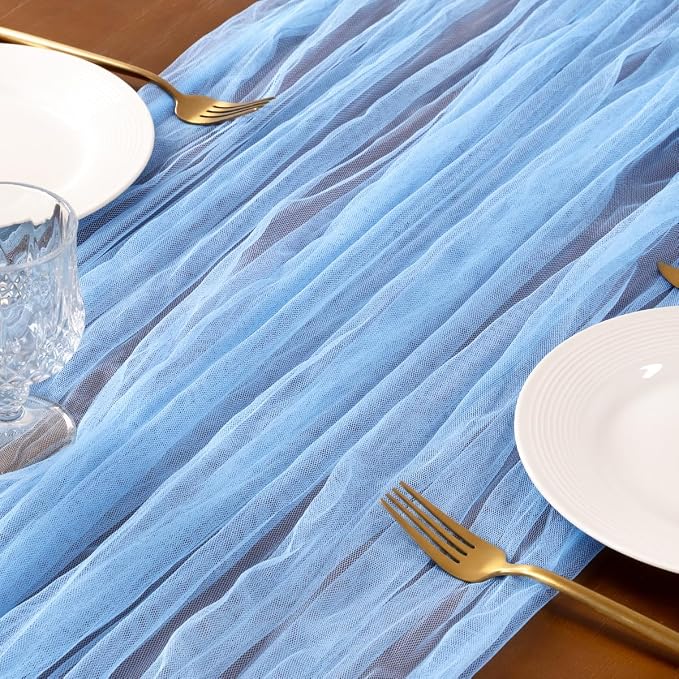 Socomi Blue Cheesecloth Table Runner Tulle Gauze Cheese clothBoho Rustic 120 inch 10FT Runner for Wedding Party Baby Shower Birthday Holiday Decorations 3pcs
