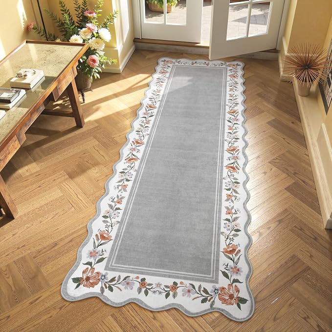 Lahome Grey Scalloped Washable Runner Rug 2x6 for Hallway | Non Slip Backing, Low Pile Soft Boho Floral Runner for Kitchen, Entryway, Laundry, Bedroom, Ariele