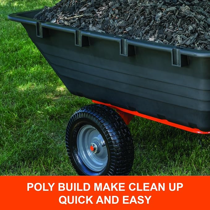 Agri-Fab 45-0553, 1,000-Pound Capacity Poly Swiveling Tow Behind Dump Cart, 18 Cubic Feet Capacity, 80 Degree swiveling, 52 Degree Dumping, 16-Inch x 6.5-Inch Pneumatic Turf Tread Tires