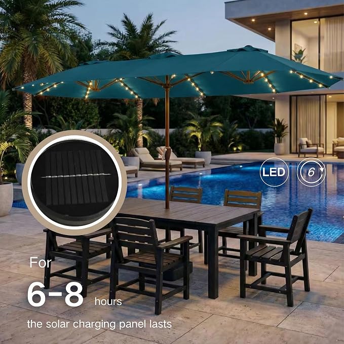 Kingdura 15ft Large Patio Umbrella with Solar Lights, Double-Sided Rectangle Outdoor Table Umbrella with Base Included, 12 Reinforced Ribs, 48 Led Lights, Crank Lift for Market Pool Deck, Lake blue