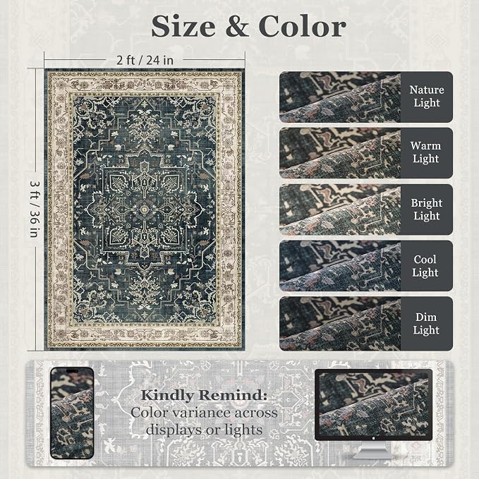 Vintage Distressed 2x3 Kitchen Rugs Washable Non Slip, Medallion Door Mat Indoor Entrance Entryway, Small Low Pile Rugs for Bedroom/Bathroom Vanity/Laundry Room, Midnight with Multi Accents