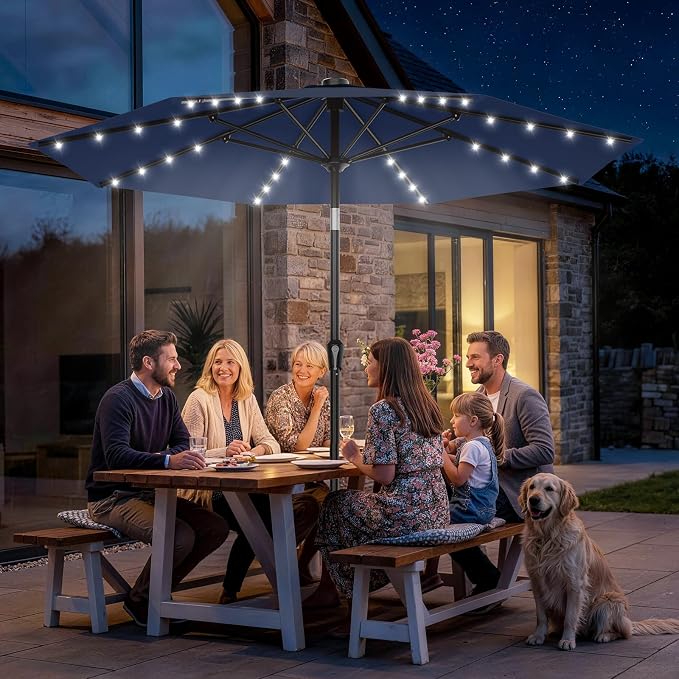 AreShark 9FT Patio Umbrella with Solar Lights, 32 Lighted Pool Umbrella w/Tilt and Crank, Outdoor Market Solar Umbrellas for Garden, Deck, Backyard, Pool and Beach, Navy