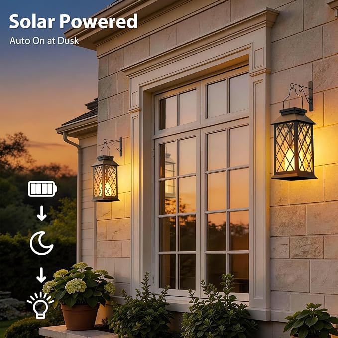 Otdair Solar Lanterns Outdoor Waterproof, 4 Pack 8.62" Solar Lantern with Glass Retro LED Flickering Flameless Candle, Lanterns Decorative Outdoor for Gift, Yard, Garden, Patio, Balcony, Porch, Party