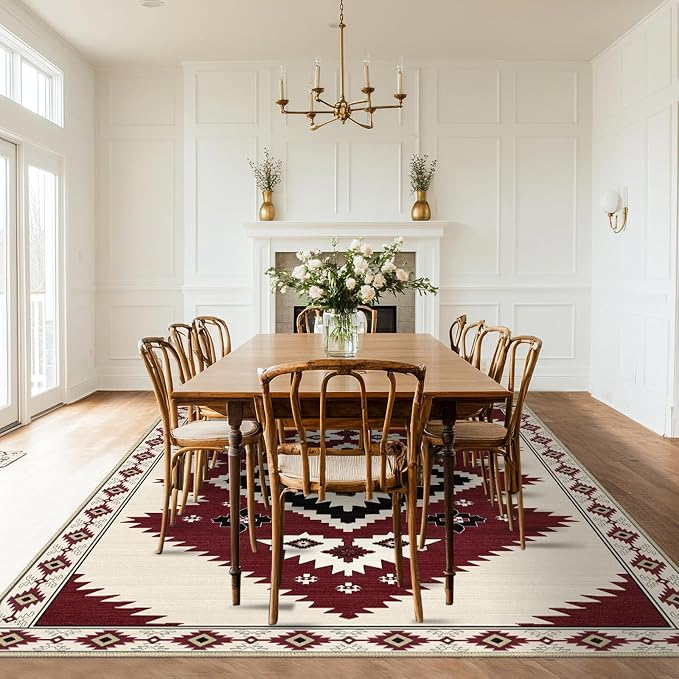 5x7 Area Rug Western Rugs for Living Room Southwest Aztec Rug | Washable Southwestern Navaj Tribal Rugs Low Pile Non-Slip Floor Carpet for Dining Room Bedroom Kitchen Office, Beige Red