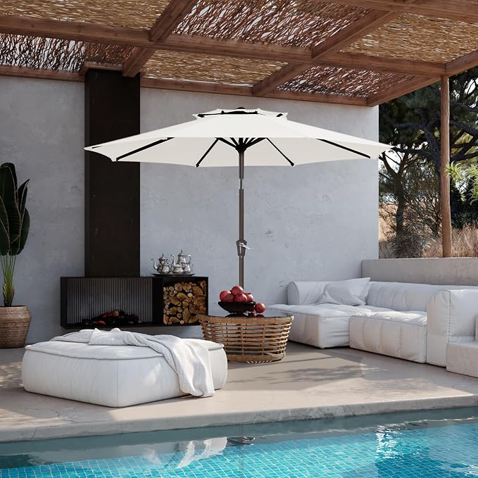 JEAREY 9' 2-Tiers Patio Umbrellas Outdoor Table Market Umbrella w/Push Button Tilt/Crank, 8 Sturdy Ribs, UV Protection Waterproof Sunproof(Cream White)