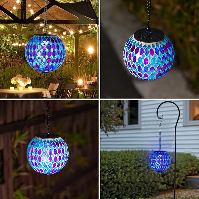 VCUTEKA Hanging Solar Lanterns Mosaic Solar Lights with Hook Up, Outdoor Garden Lights Decor for Yard Tree Fence Patio