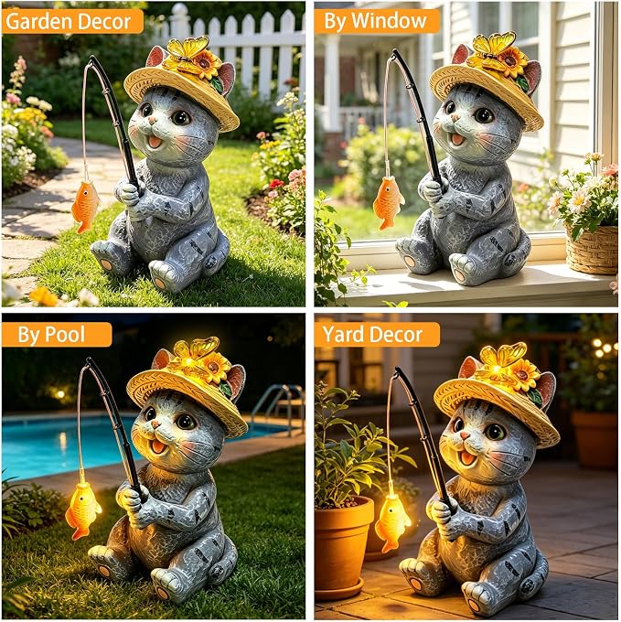 VOOKRY Cat Garden Statues, Outdoor Fishing Cat with Solar Lights Waterproof | Birthday Gifts for Cat Lovers Mom Women Christmas, Cat Figurines Garden Decor, Yard Decorations Patio Porch Lawn Ornaments
