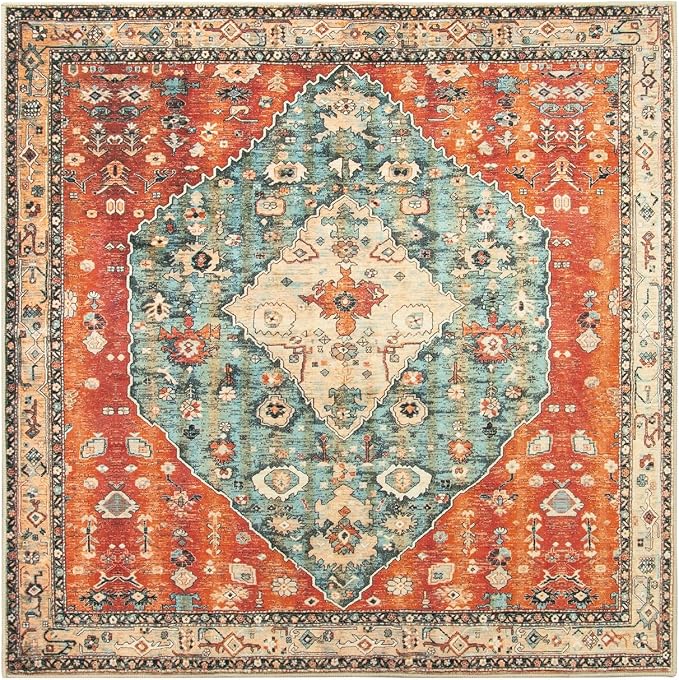 Lahome Felice Boho Tribal Square 6x6 Area Rug, Washable Rugs for Bedroom Aesthetic Soft Living Room Rugs, Oriental Non Slip Non-Shedding Indoor Accent Floor Carpet for Nursery Home Office